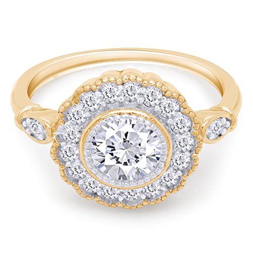 SAVEARTH DIAMONDS Round Shape Sparkling White Cubic Zirconia Milgrain Bezel Set Halo Engagement Promise Ring In 14k GOLD Over Sterling Silver Jewelry For Women Gifts For Her3
