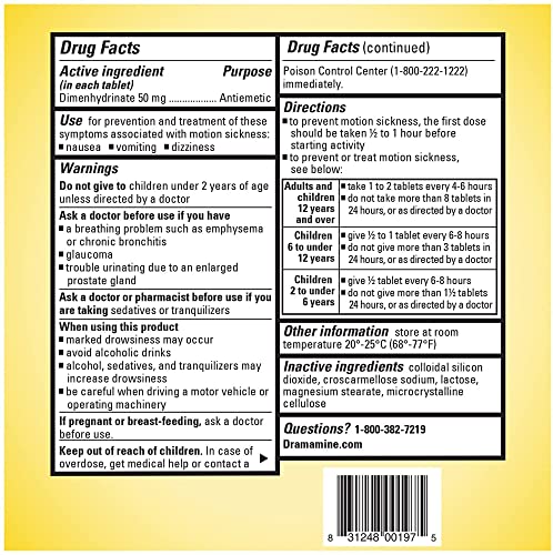 Dramamine Motion Sickness Relief, Original Formula, Dual Action, Prevents and Relieves Nausea, Dizziness and Vomiting, Safety Travel Vial, 12 Count (Pack of 1) - Thumbnail 5