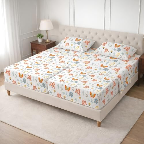 Image of SGI Split King Sheet Set for Adjustable Bed Egyptian Premium Cotton 600 Thread Count Sheets for Sleep Number Bed 15 inch Deep Pocket 5 Pc Set with 2 Twin XL Fitted Sheets Soft Breathable -Butterfly Garden