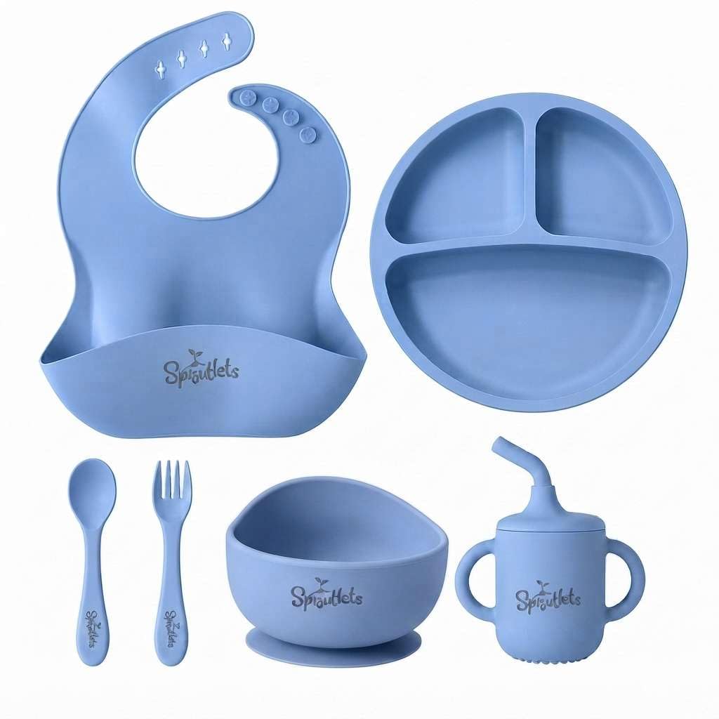 6 Pcs Silicone Baby Feeding Set for Babies 6+ Months| BPA-Free Baby Dinner Set with Suction Plate, Bowl, Bib, Cup, Spoon & Fork| Microwave & Dishwasher Safe, Anti-Slip Design - Blue-image-39