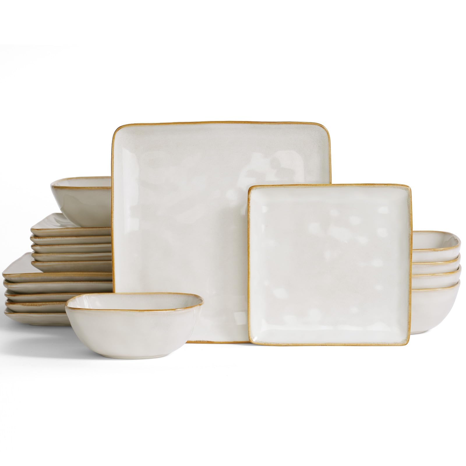 Richmount Ocean Square Plates and Bowls Set, 18-Piece Reactive Glaze Stoneware Dinner Set for 6 People, Dishwasher & Microwave Safe, Stylish & Durable Dinnerware Sets, Service for 6, Cappuccino White