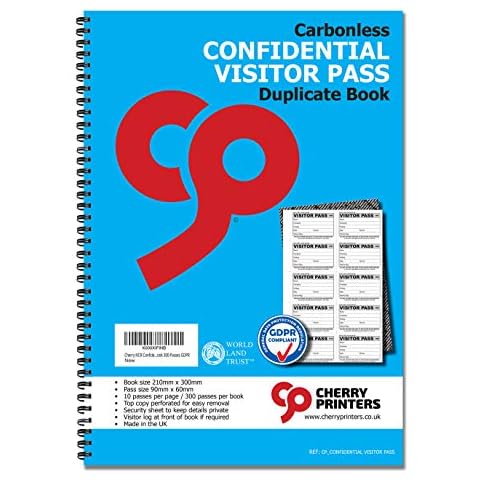 Cherry NCR Confidential Visitor Pass 90mm x 60mm Duplicate Book 300 Passes GDPR Cover