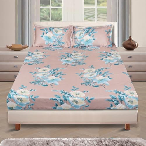 Image of ROMEE Elegant Floral Printed Glace Cotton Double Bedsheet, 144 TC Soft Feel, Queen Size (90 x 100 Inches), with 2 Pillow Covers, Beige & Blue
