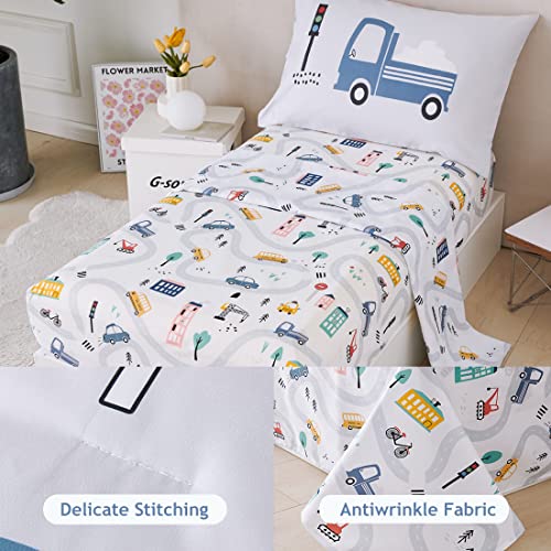 Image of PERFEMET 4 Pcs Toddler Bedding Set - Soft Reversible Cars, Bus, Trucks Print Toddler Bed Set for Boys & Girls - Matching Sheet Set (Light Grey, Taxis /Bus /Trucks)