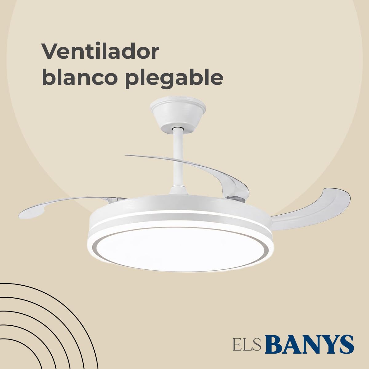 Els Banys - Ventilador de Techo LED con Aspas Plegables - Ø49 cm Cerrado / Ø105 cm Abierto - Motor DC 72W Silencioso - 6 Velocidades - Luz CCT Regulable - Mando a Distancia