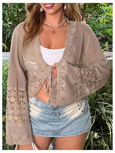 Image of Floerns Women's Plus Size V Neck Long Flounce Sleeve Tie Front Knit Crop Cardigan