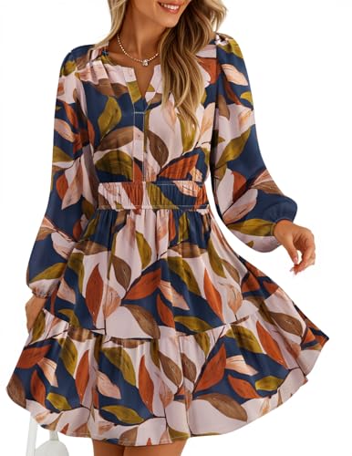 ZESICA Fall Wedding Guest Dresses for Women 2025 Casual Long Sleeve Floral Boho V Neck A-Line Mini Dress with Pockets