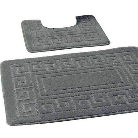 QM-Bedding® Luxury Bath Mat Set 2 Piece Non Slip Rubber Pedestal Mat Toilet Greek Bathroom Rugs (Dark Grey/Charcoal) Cover