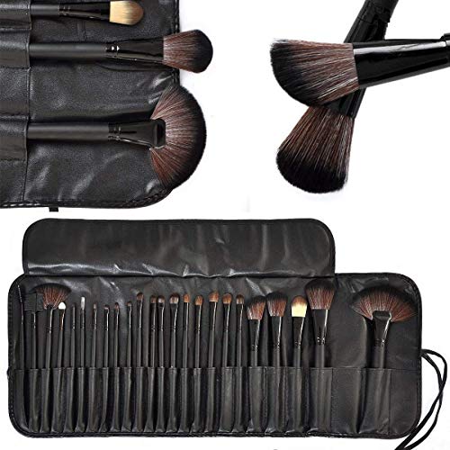 HUDA GIRL BEAUTY 24-Piece Soft Bristle Makeup Brush Set with Travel PU Leather Holder Pouch – Black | Professional Brushes for Foundation, Eyeshadow, Blending, Concealer, Powder, Blush and More