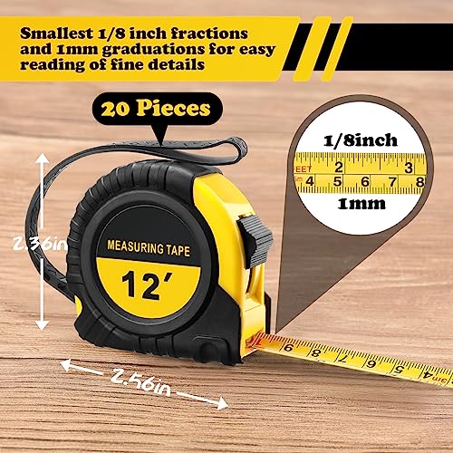 20 Pieces Tape Measure 12 Ft Retractable Measuring Tape Measure Small Measure Tape With Fractions Marked Easy Read Measuring Tape Bulk Set For Engineer Contractors, Autowind And Lock, Yellow #TOP1
