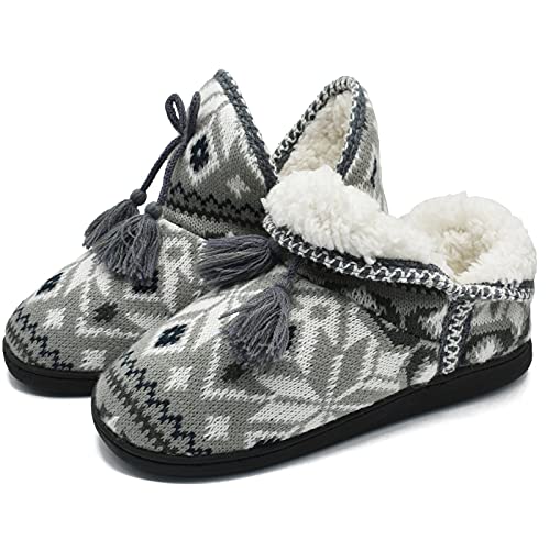 COFACE Femme Douillette Niche avec pompon tricoté chaud et chaussons chaussures antidérapant Semelles TPR,41/42 EU,Gris Noir Cover