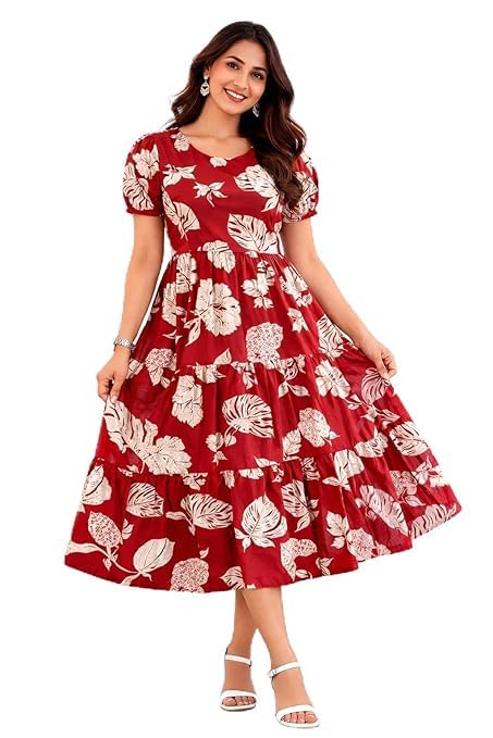 Image of Rayon Printed Midi Dress Comfortable Casual & Ethnic Wear