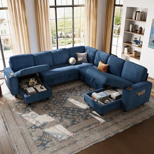 Image of LINSY HOME Sectional Sleeper Sofa with Pull Out Couch Bed - Convertible Plush Corduroy Cloud Couch with Storage Chaise & USB Charging, Comfy Modular Couches for Living Room, Blue