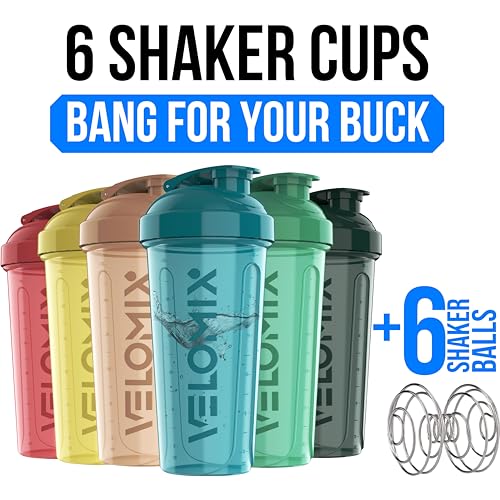 Image of VELOMIX -6 PACK- 28 oz Protein Shaker Bottle for Protein Mixes - 6x Wire Whisk | Leak Proof Shaker Cups for Protein Shakes | Protein Shaker Bottle Pack | Protein Shake Cup (Hawai Shadows)