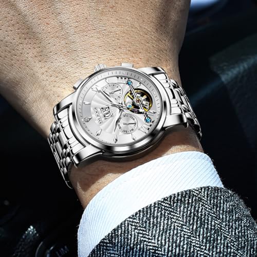 Image of OLEVS Watches for Men Automatic Skeleton 5 Hands Mechanical Luxury Watch Classic Calendar Stainless Steel Waterproof Mens Wrist Watch