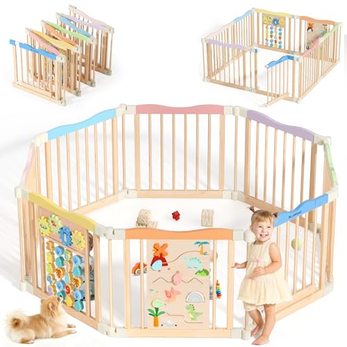 Image of Foldable Wooden Playpen - Adjustable Wood Baby Play Yard with Child-Proof Lock, Indoor Large Safety Fence for Babies and Toddlers - Easy Assembly, 55 x 55 x 24 inches, Dino Land, Colorful