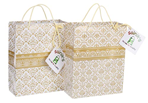 Image of SAINIK'S - ACCESS TO QUALITY Golden Pyramid Design Paper Bags For Return Gift, Small Presents, Weddings, Birthday, Holiday Presents Design May Slightly Change (20.32 X 7.62 X 27.94 Cm, Pack Of 20)