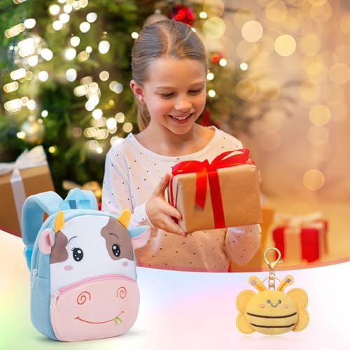 Toddler Backpack for Boys Girls - Plush Animal Cartoon Backpack for Kids 2-6 Years - Toddler Bookbag with Bee Keychain (Cow) 5
