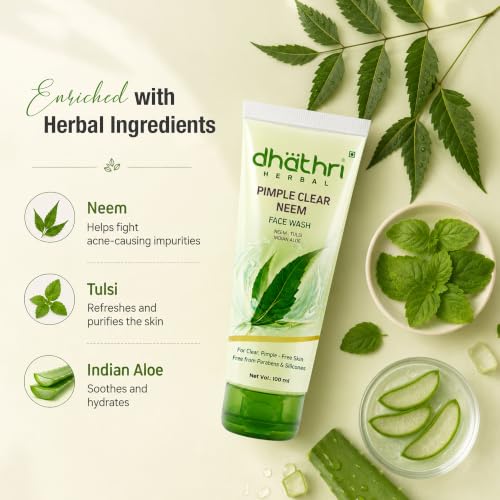 Image of Dhathri Pimple Clear Neem Facewash | Best Face Wash for Pimples | Reduces Acne and Cleanses Pores | Soap and Mineral Free Neem Tulsi Facewash | 200 ml