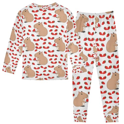 senya Cute Capybara Strawberry Pajamas Set Long Sleeve Soft Cotton Sleepwear 2 Piece2