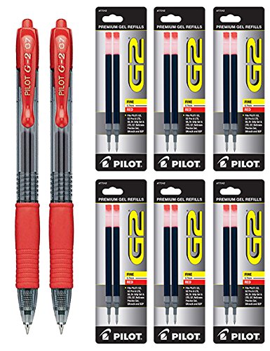Pilot G2 Tinta Gel Bolígrafos Rojo Punto Fino 2 y 12 Recambios