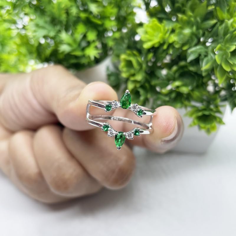 Green Emerald & White Diamond Crown Shaped Enhancer Guard For Women, 14k Gold Finish Green Emerald Wrap Ring, Engagement Ring