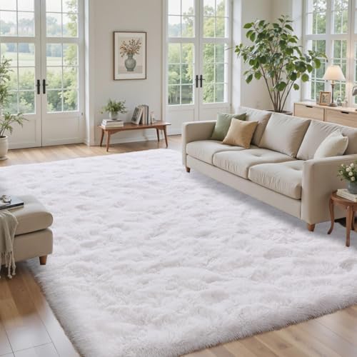 8x10 ft Fluffy White Rugs for Living Room Soft Fuzzy Bedroom Area Rug Non-Slip Shaggy Carpet for Nursery Kids PlayRoom Dorm Office Indoor Modern Plush Carpet Teens