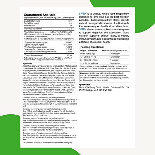 Pet Wellbeing Spark Daily Nutritional Greens Superfood For Cats And Dogs - With Probiotics, Digestive Enzymes, Amino Acids, Antioxidants, Vitamin D, Spirulina + More - 100 Grams #TOP5