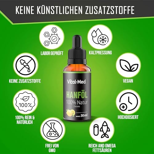Extra starkes und hochdosiertes Hanföl mit 30ML (750 Tropfen) - Premium Vital Hanfsamenöl - 100% Natur - Hanftropfen mit Omega 3-6-9 (30ML, Zitrone)