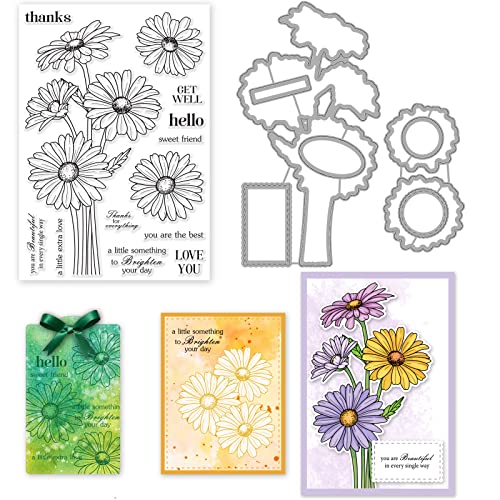 ORIGACH Chamomile Silicone Clear Stamp and Die Sets for Card Making Flower Clear Stamps Cutting Dies for DIY Craft Scrapbooking,DIY Embossing Photo Album Decorative Craft
