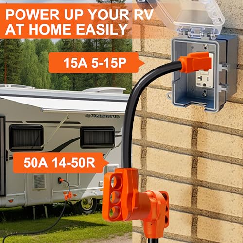 Image of 50 Amp to 110 Volt RV Adapter Cord, Dogbone NEMA 5-15P to 14-50R | RV Electrical Power Adapter with LED Indicator, 10 /3 Gauge Cable, 12 Inch Grip Handle, ETL Listed for Camper Travel Trailer