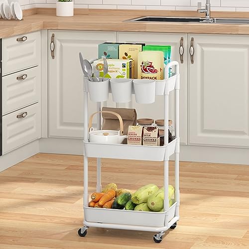 JIUYOTREE 3-Tier Rolling Storage Cart Utility Cart with Extra Hanging Cups Handles Lockable Wheels for Living Room Bathroom Kitchen Office White