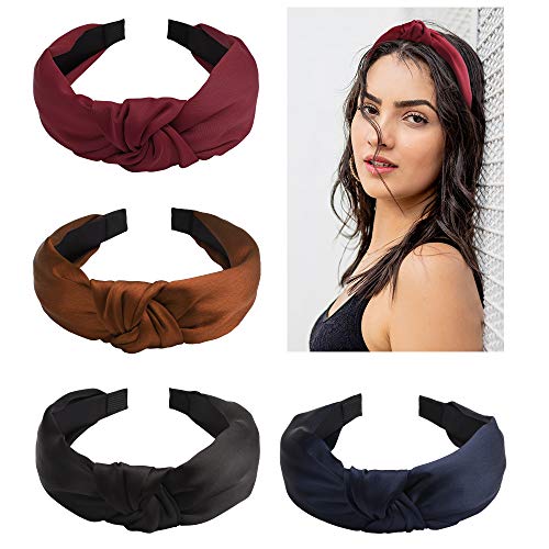 Ondder 4 Pack Knotted Headbands for Women Non Slip Fashion Headbands Wide Headbands Knot Head Bands for Women Turban Headbands Hard Headbands for Women, 4 Colors