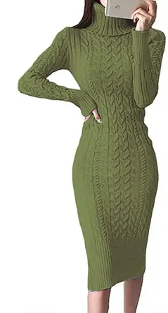 Fangetey Womens Long Sleeve Turtleneck Sweater Dresses Knitted Bodycon Midi Sheath Jumper Dresses