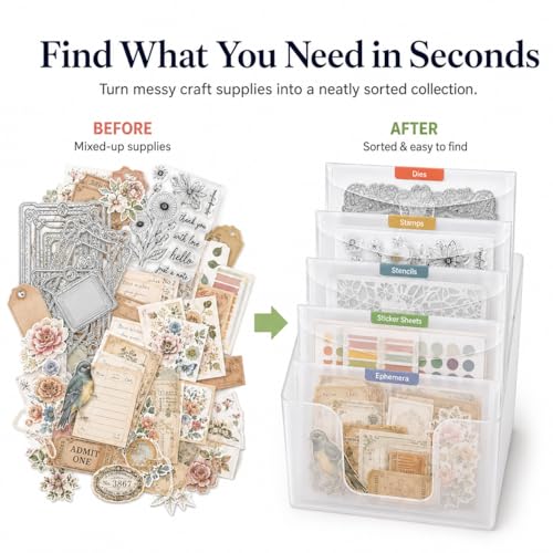 Image of Hukado 30-Pack 12x12 Scrapbook Paper Storage Bag with Color Tabs | Upgraded Wider Side Clear Vinyl Organizer with Handle, Portable Paper Organizer for Cardstock, Vinyl & Craft Supplies