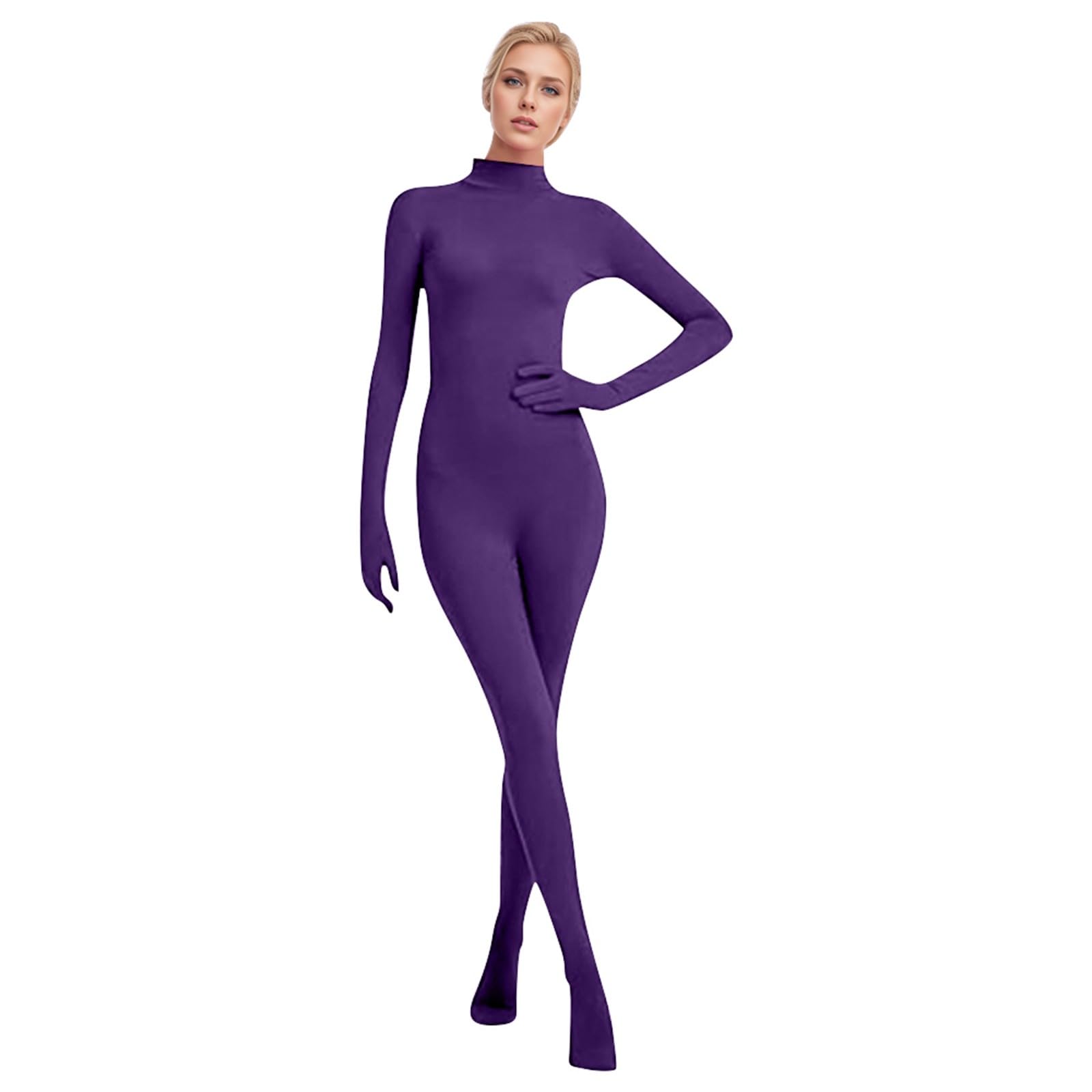 Tuta intera da donna in maglia, tuta intera per fitness, vestibilità aderente, a maniche lunghe, collo alto, a maniche lunghe, tuta intera