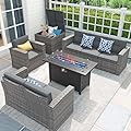 JOIVI 8 Pieces Patio Furniture Set with 45” Fire Pit Table, Outdoor Conversation Set with 50000 BTU Gas Fire Pit, Rattan Sectional Sofa Set with Storage Box for Garden, Backyard, Grey