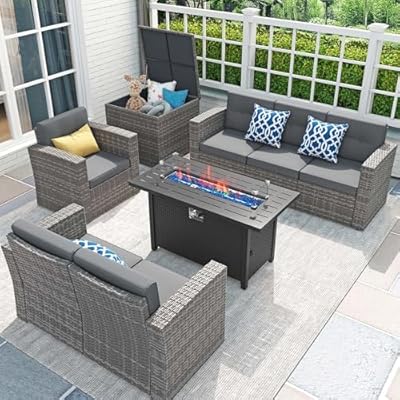 JOIVI 8 Pieces Patio Furniture Set with 45” Fire Pit Table, Outdoor Conversation Set with 50000 BTU Gas Fire Pit, Rattan Sectional Sofa Set with Storage Box for Garden, Backyard, Grey
