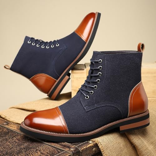 Men's Genuine Suede Cap Toe Two-Tone Chunky Block Heel Chukka Boots Fashion Lace Up Colorblock Round Toe Mid-Calf Derby Booties For Motorcycle Leisure Daily2