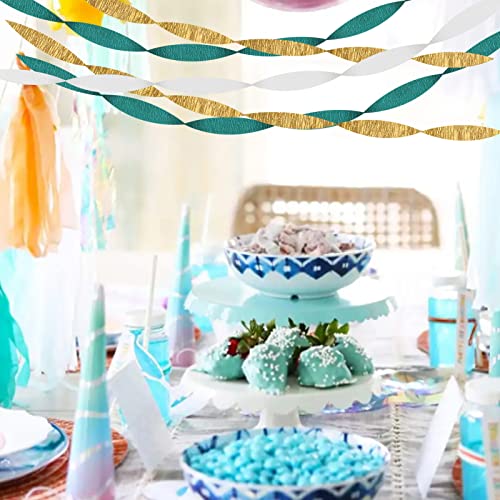 Image of Teal-Turquoise White Gold Party-Decorations Streamers - 9 Rolls Woman Girl Birthday Crepe Tissue Paper Streamer Graduation Wedding Bachelorette Engagement Bridal Baby Shower Garland Decor Panduola