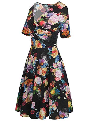 Oxiuly Women's Criss-Cross Necklines V-Neck 1/2 Sleeve Floral Casual Work Party Stretch Swing Fall Dress Ox233 (L, Black F5) #TOP3