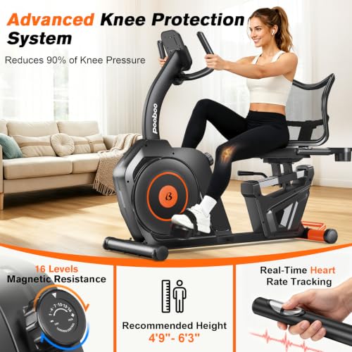 Image of pooboo Recumbent Exercise Bike, Stationary Bikes for Home with Arm Exerciser, Magnetic Recumbent Bike with Ergonomic Backrest & Comfortable Seat, Smart APP, Pulse Sensor, 400LBS Weight Capacity