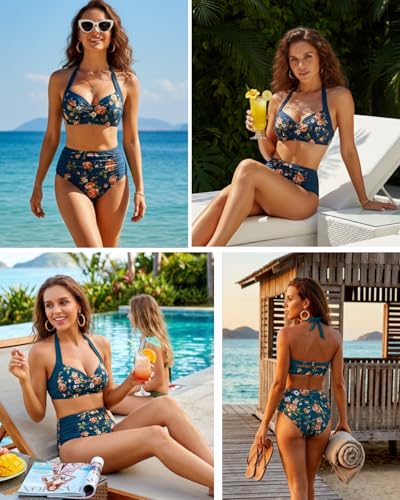 Image of Holipick Women High Waisted Bikini Set Two Piece Swimsuit Tummy Control Bathing Suit Vintage Halter Swimwear