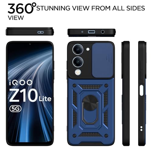 Image of Pikkme Back Cover for iQoo Z10 lite 5G / Vivo T4 lite 5G / Y19 5G / Y19e / Y04 4G / Y29s 5G | D10 Tough Armor | Sliding Camera Shield Cover & Ring Holder Stand Bumper Case (Blue)