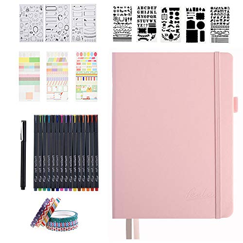 Dotted Journal Set, 224 Numbered Pages Faux Leather A5 Grid Hard Cover Pink