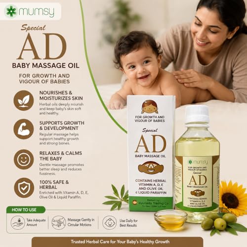 Image of Herbal Vitamin A,D,E and olive Baby Massage AD Oil 100ml for Healthy Babies & Infants || Healthy Skin & Rich Moisturizer for All Skin Types 100 ml (Pack of 2)