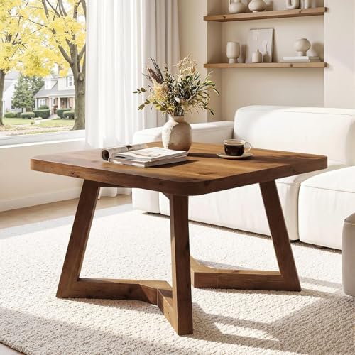 Tribesigns コーヒーテーブル、31.5インチ リビングルーム用シンプルなセンターテーブル、ファームハウスアクセントカクテルティーテーブル、ダブル幾何学台座付き、ウォールナットブラウン TRIBEWOODストアをご覧ください