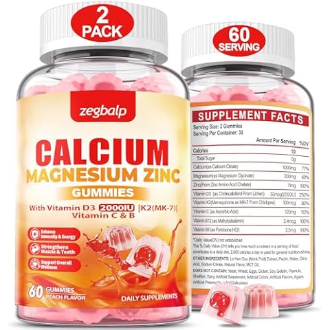 ZEGBALP Calcium Magnesium Supplement Gummies for Adult - Calcium Citrate 1000mg & Magnesium Glycinate with Zinc Vitamin D3 K2 Sugar Free - Support for Muscles, Immune, Mood & Energy Cover