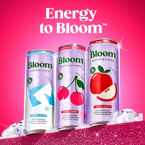 Image of Bloom Nutrition Sparkling Energy Drink - Natural Caffeine, Zero Sugar, 180mg Caffeine - Antioxidant-Rich with Green Coffee Bean, Green Tea Extract, Prebiotics - Shirley Temple- 12oz 12 Pack