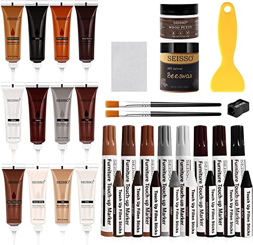 SEISSO Wood Furniture Repair Kit, Set of 36 with Wood Putty, Beeswax, Furniture Touch Up Pens